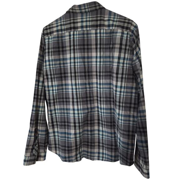 Mishka Mnwka Large Long Sleeve Button Up Plaid Gray Teal Blue Double Pocket - Picture 2 of 6